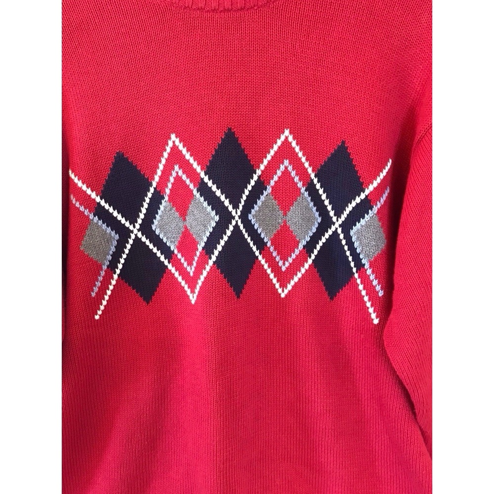 VTG Bill Blass Sweater Mens Sz L Red Argyle Cotton Crewneck Preppy Knit Pullover - Picture 2 of 4
